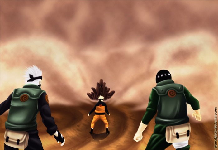 Naruto, Kakashi, and Might Guy in a desert