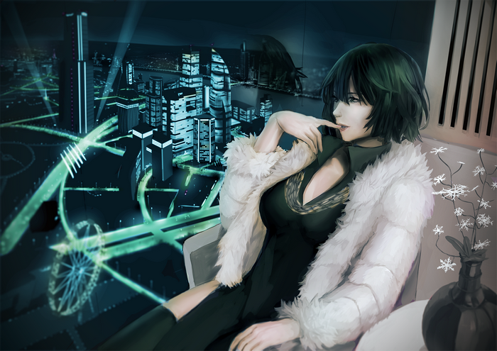 Fubuki from One-Punch Man sitting by a window overlooking a futuristic city