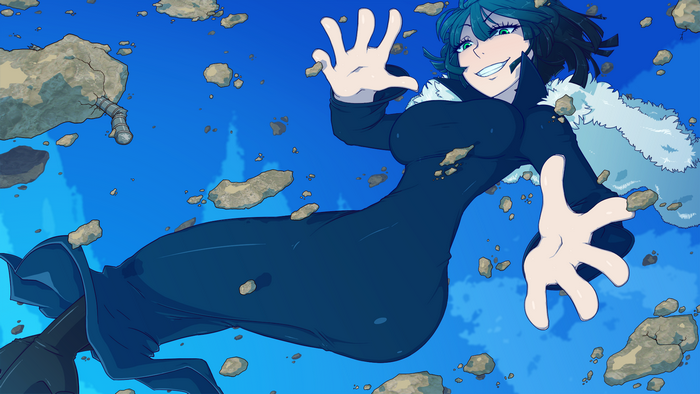 Fubuki from One-Punch Man floating among rocks