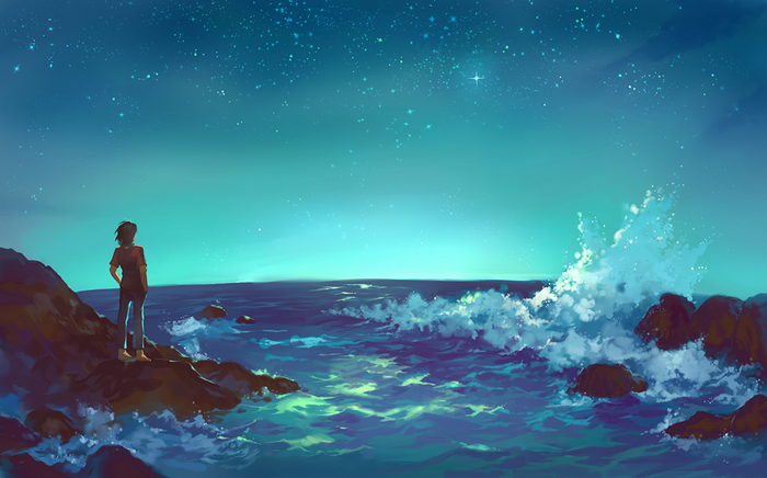 Jinta Yadomi looking at the starry ocean