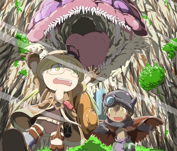 Riko and Reg from Made in Abyss facing a monster
