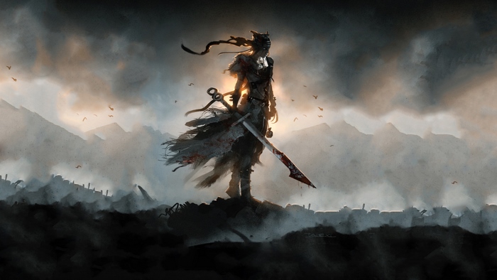 Senua from Hellblade standing on a battlefield
