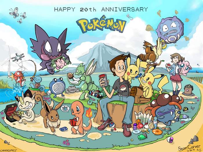 Pokemon 20th Anniversary Illustration with Characters and Pokemon