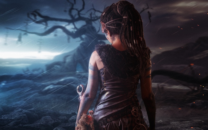 Senua from Hellblade in a dark, rainy landscape