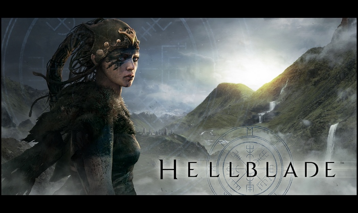 Senua from Hellblade in a misty mountain landscape