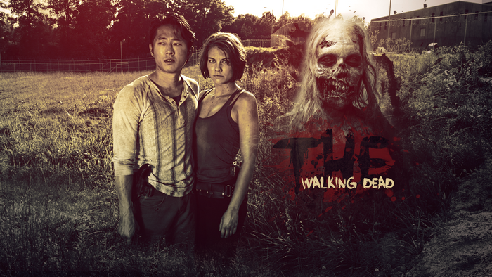Maggie Greene and Glenn Rhee from The Walking Dead with a walker