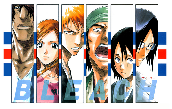Bleach characters with blue, red, and white stripes