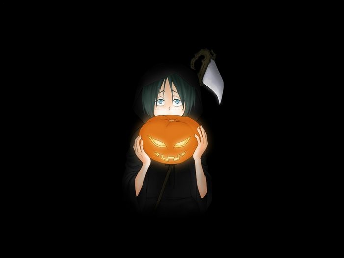 Hanataro Yamada from Bleach holding a Jack-o'-lantern