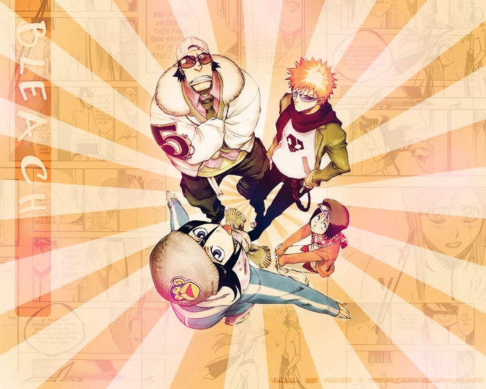 Bleach characters on a sunburst background