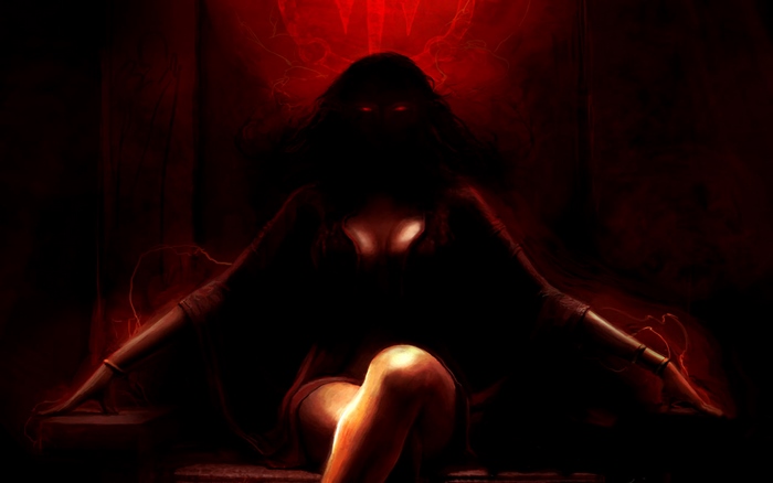 Dark figure with red eyes on a throne