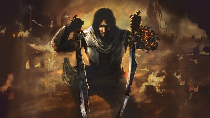 Prince of Persia with two swords in a burning city