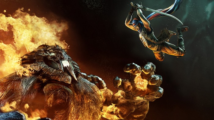 Prince of Persia fighting a fiery monster