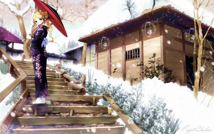 Girl in Kimono with Umbrella in Snow