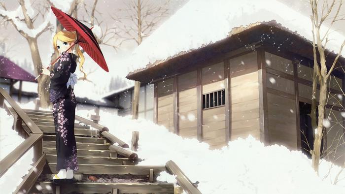 Girl in Kimono with Umbrella in Snow