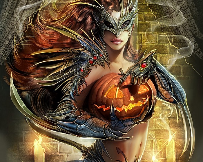 Witchblade holding a Jack-o'-lantern