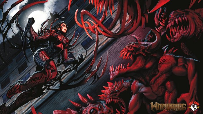 Witchblade and monsters in a city at night