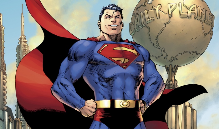 Superman in front of the Daily Planet building