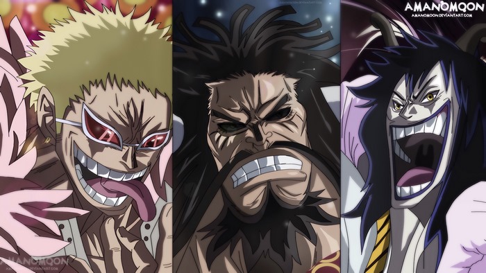 Donquixote Doflamingo, Kaido, and Bartholomew Kuma from One Piece