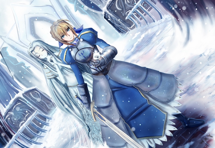 Irisviel Von Einzbern and Saber in the snow