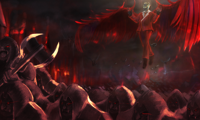 Demiurge with red wings and followers
