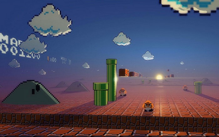 Goomba from Super Mario Bros. in a pixelated landscape