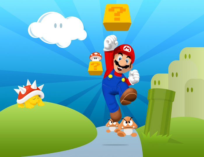 Mario from Super Mario Bros. jumping near Goombas