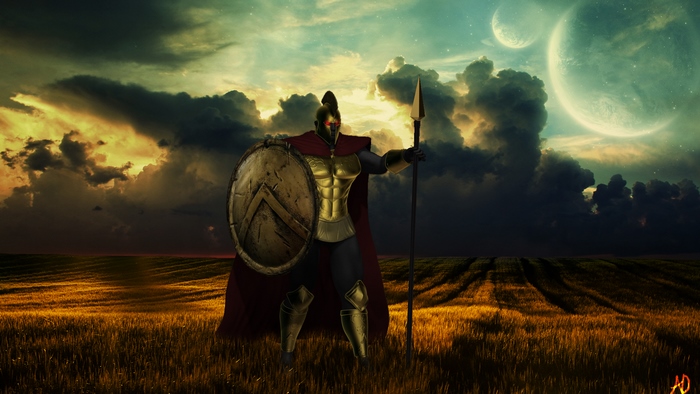 Spartan warrior with shield and spear in field