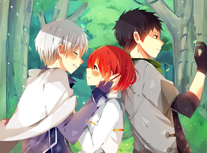 Shirayuki and two men in a forest