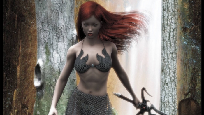 Red Sonja with a weapon in a forest