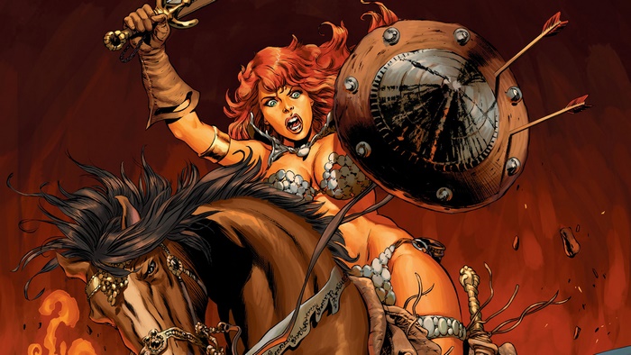 Red Sonja on horseback with sword and shield