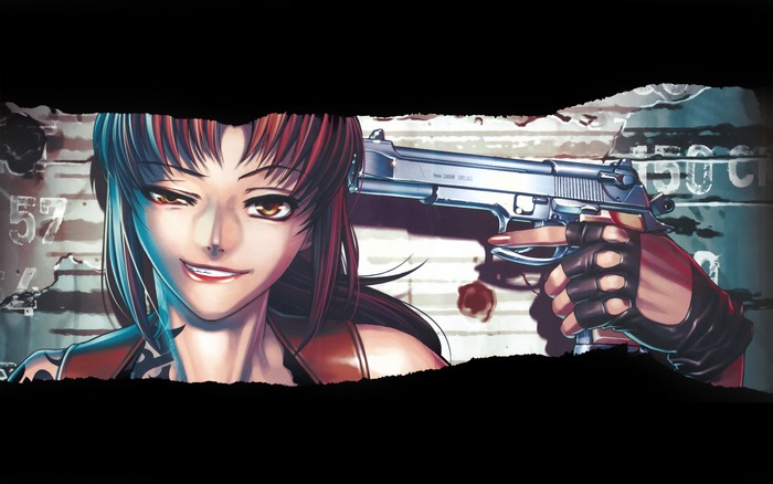 Revy from Black Lagoon holding a gun to her head