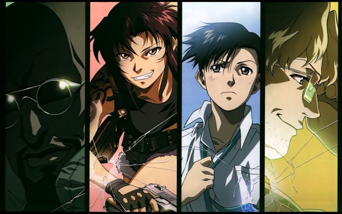 Black Lagoon characters: Revy, Rock, Dutch, and Benny