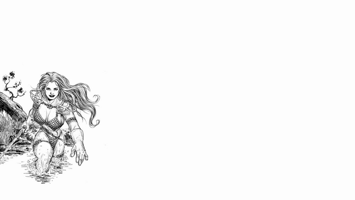 Red Sonja wading through water with sword
