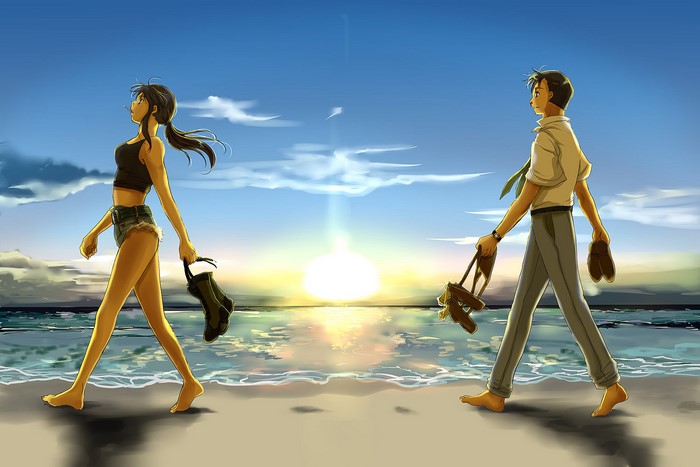 Revy from Black Lagoon walking on a beach at sunset
