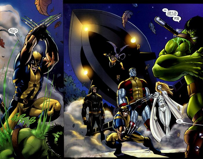 Wolverine, Hulk, Colossus, Emma Frost, Cyclops, and Archangel in a fight