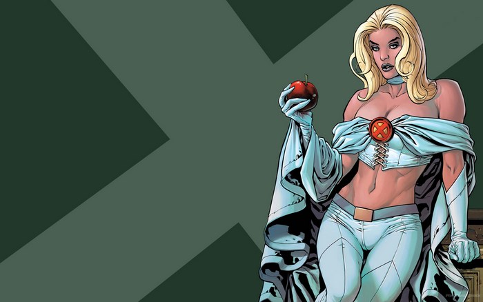Emma Frost from X-Men holding a red apple