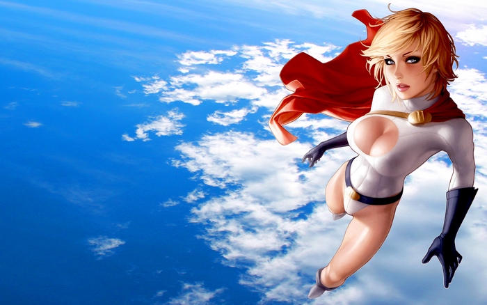Power Girl flying in the sky