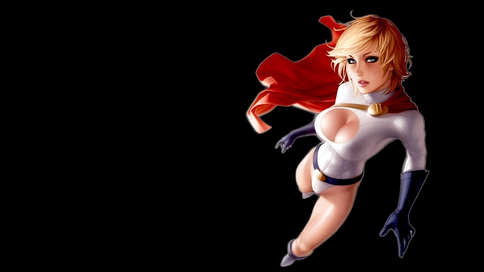 Power Girl flying with red cape