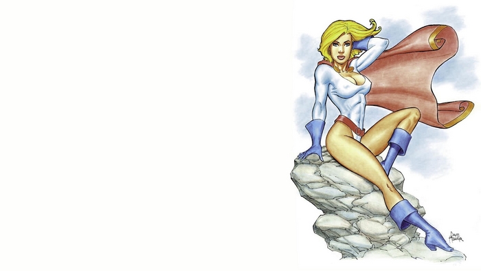 Power Girl sitting on rocks