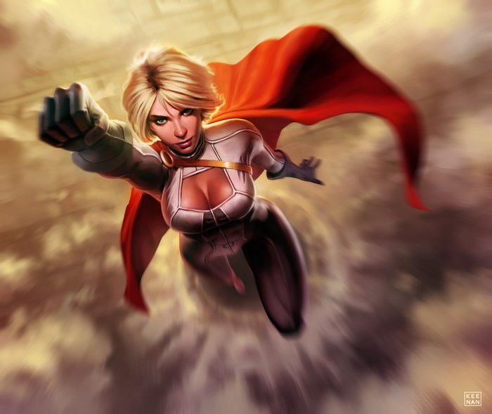 Power Girl flying through clouds