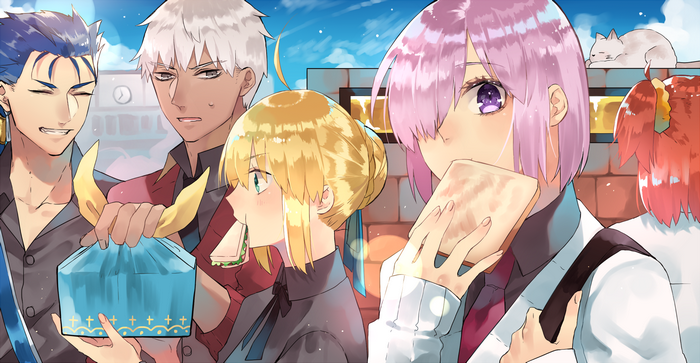 Lancer, Archer, Saber, and Mash Kyrielight from Fate/Grand Order