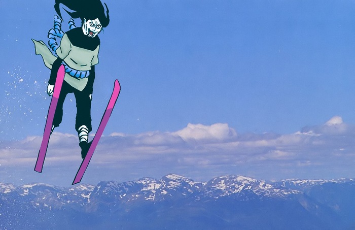 Orochimaru skiing down a snowy mountain