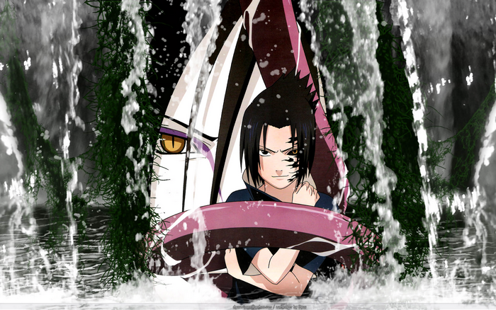 Sasuke and Orochimaru from Naruto behind a waterfall