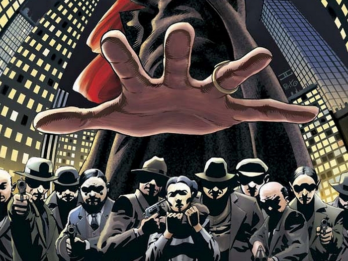 The Shadow and his henchmen in a city at night