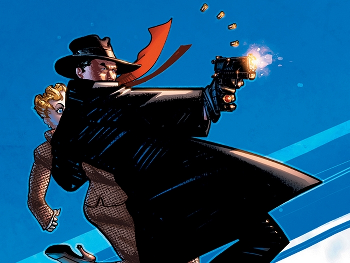 The Shadow shooting a gun