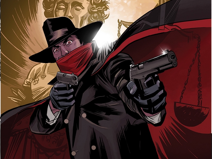 The Shadow with guns and cape