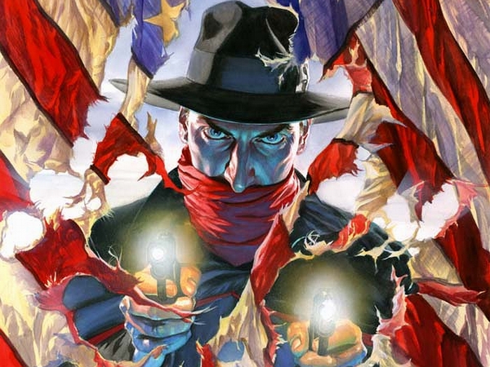 The Shadow with guns in front of American flag