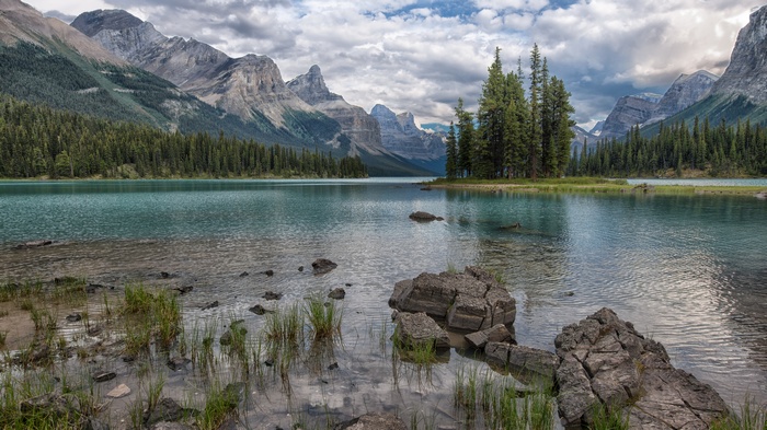 Maligne Lake with Mountains and Forest