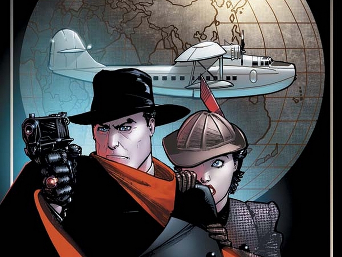 The Shadow and companion with seaplane over world map