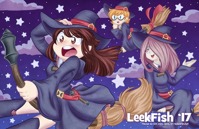 Three witches flying on broomsticks at night